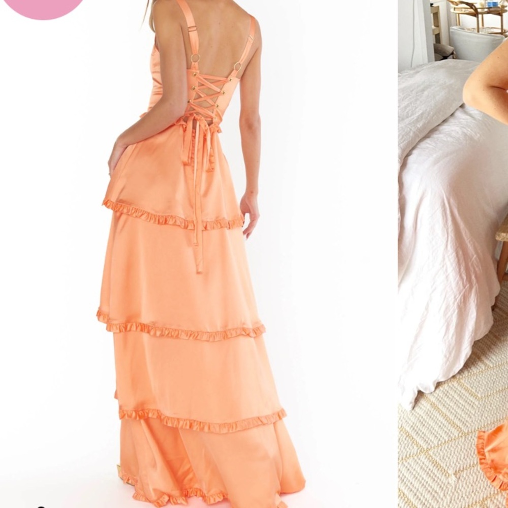 Show Me Your MuMu Peach Satin Tiered Ruffle Maxi Dress - Picture 2 of 16